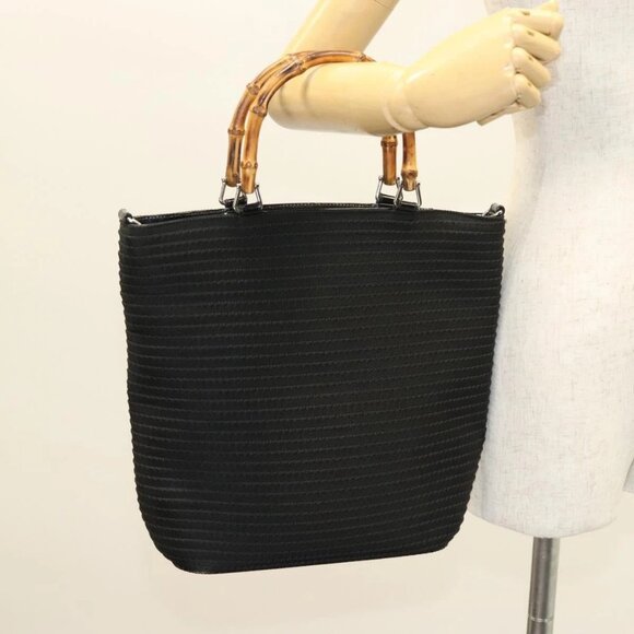 GUCCI Bamboo Hand Bag Canvas Outlet Black Silver 002 1998 0441 Auth BA3228 - Picture 3 of 16